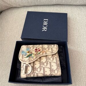 Authentic Dior Beige Saddle Lotus Floral and Bird Embroidered Wallet
